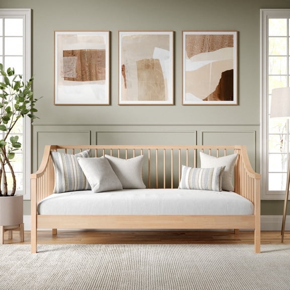 Martha Stewart Twin Size Solid Wood Platform Daybed with Wooden Spindles and Slatted Foundation with No Box Spring Required in Light Beech