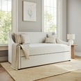 thumbnail image 1 of Martha Stewart Twin Upholstered Platform Daybed with Pull Out Trundle, Cushioned Headboard, Footboard, Side Rails, Trundle, No Box Spring Required, Off-White, 1 of 11