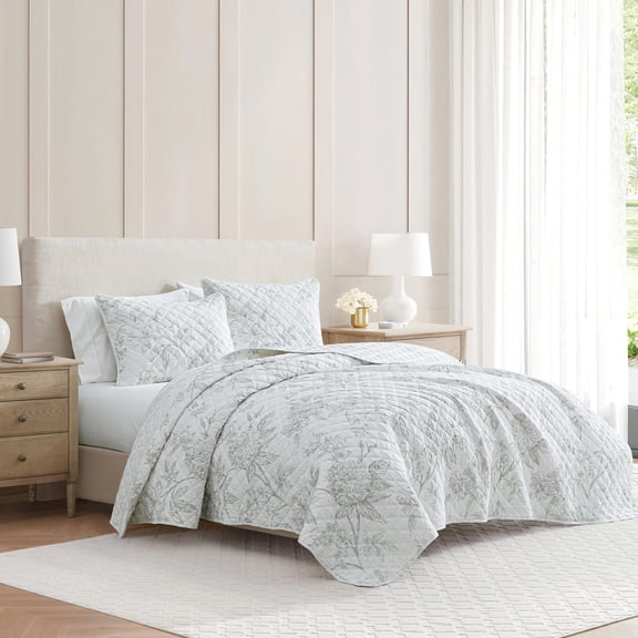 Martha Stewart Vine Flora Light Sage King Quilt Set, Lightweight Layered Bedding, Machine Washable