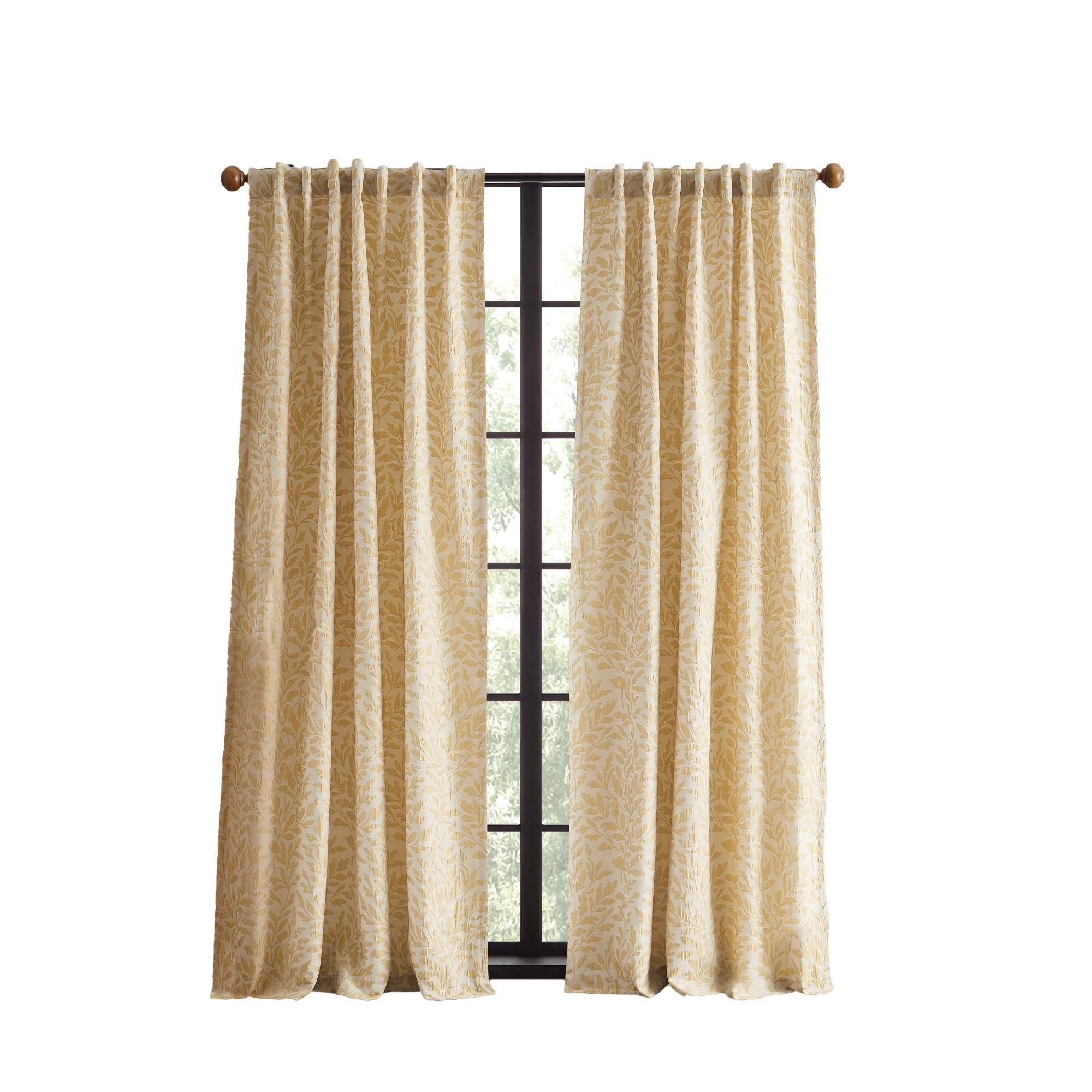 Elegant Gold Polyester Leaf Print Window Curtain Panel Pair
