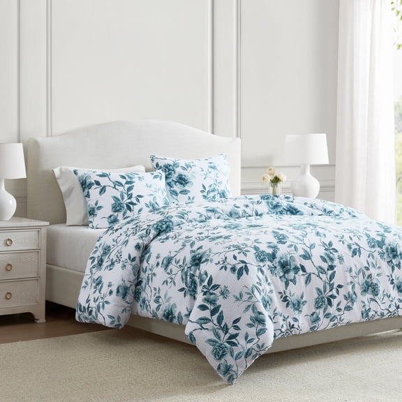 Martha Stewart Vivian Floral Storm Cloud King Comforter Set, Cozy Bedding with Shams, Machine Washable