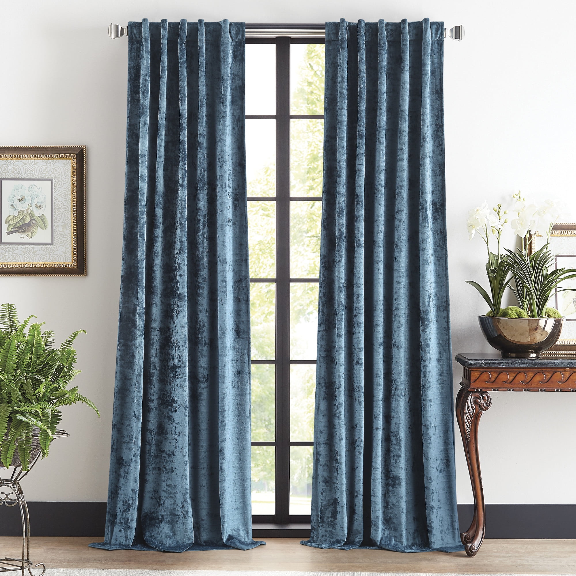 Martha Stewart Wave Embossed Velvet Curtain Panel Pair, Blue, Pole Top/Back Tab, Room Darkening, Indoor, Adult, 2 Piece Set, 37" x 84"