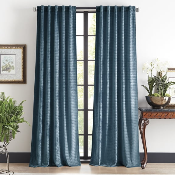 Martha Stewart Wave Embossed Velvet Curtain Panel Pair, Blue, Pole Top/Back Tab, Room Darkening , Indoor, Adult, 2 Piece Set, 37" x 95"