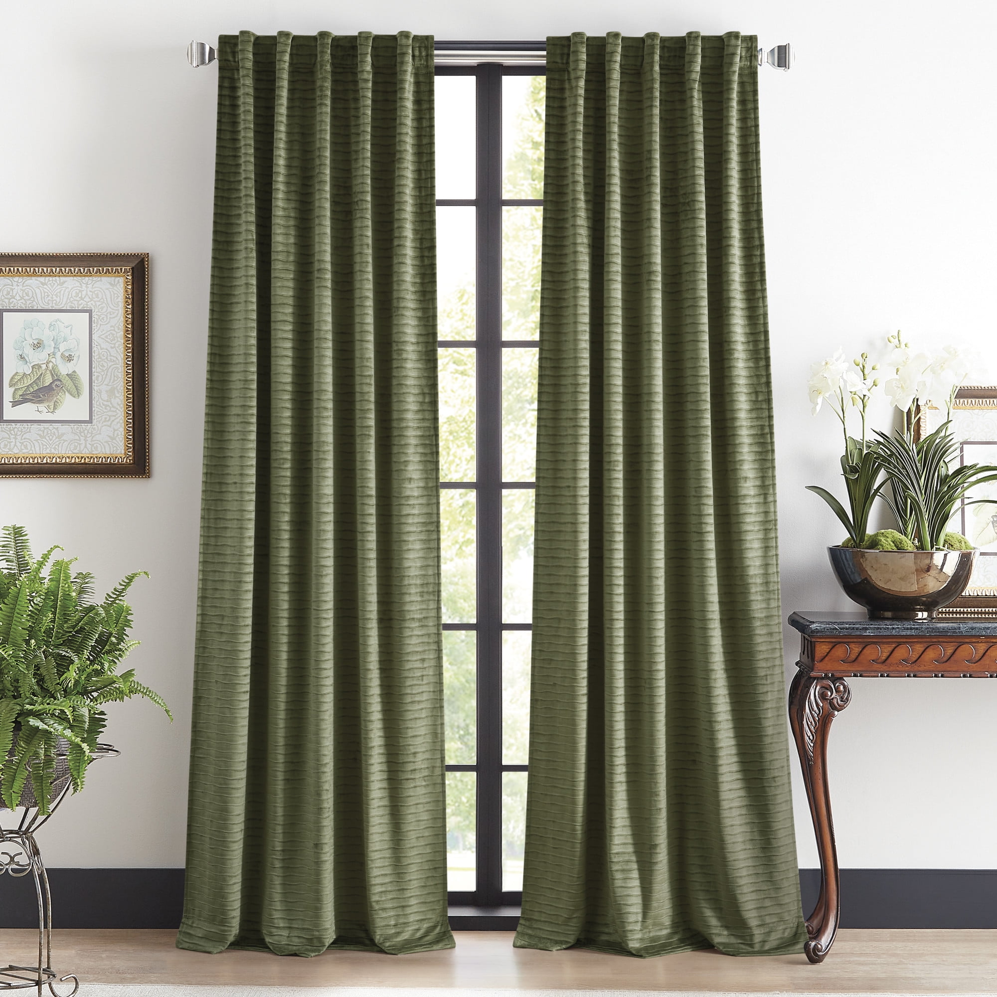Martha Stewart Wave Embossed Velvet Curtain Panel Pair, Olive, Pole Top/Back Tab, Room Darkening, Indoor, Adult, 2 Piece Set, 37" x 84"