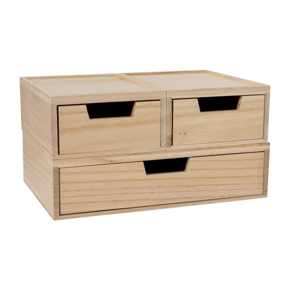 Martha Stewart Weston Stackable Light Natural Paulownia Wood Boxes with Drawers, Office Desktop Organizers, Set of 3