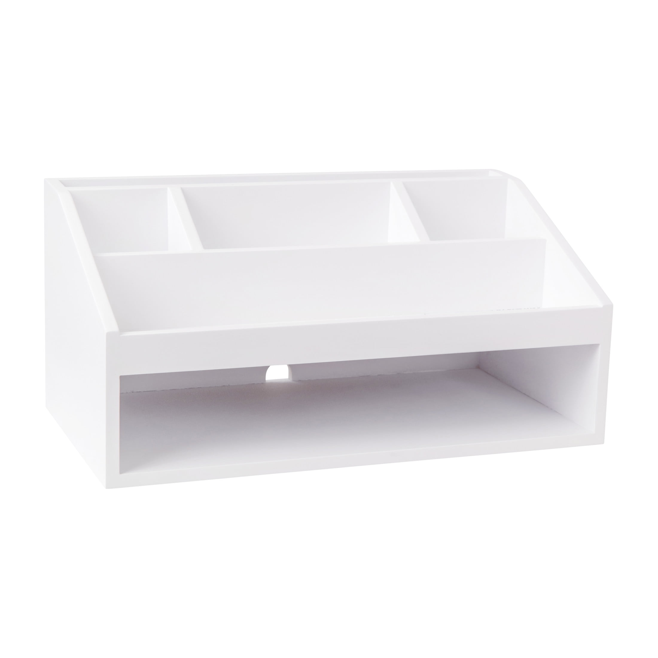 White Wooden Desktop Organizer with Open Storage Compartments