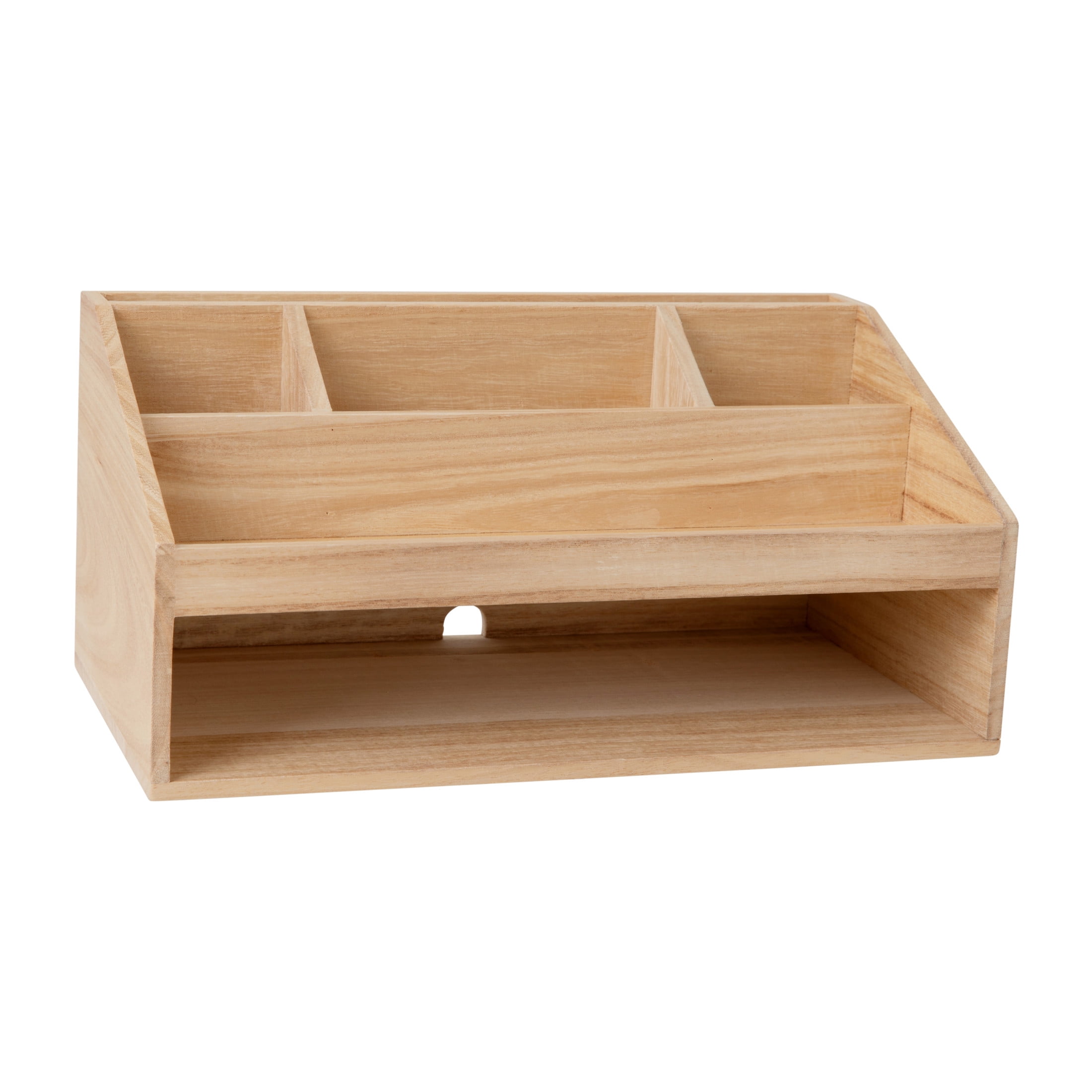 Martha Stewart Weston Wooden Desktop Organizer with Open Lower Storage Compartment Paulownia Wood Multipurpose Storage Caddy Light Natural