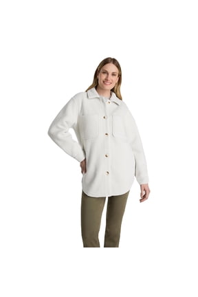 Women's Garden Shacket, Cozy Fleece Coat, Soft Lightweight Warm Outerwear, Casual, Off-White, L