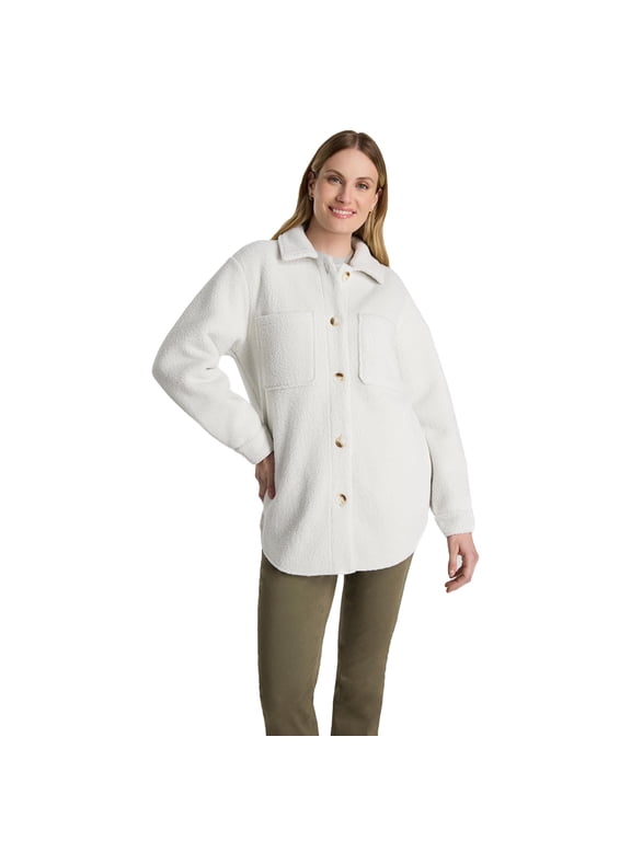 Women's Garden Shacket, Cozy Fleece Coat, Soft Lightweight Warm Outerwear, Casual, Off-White, L