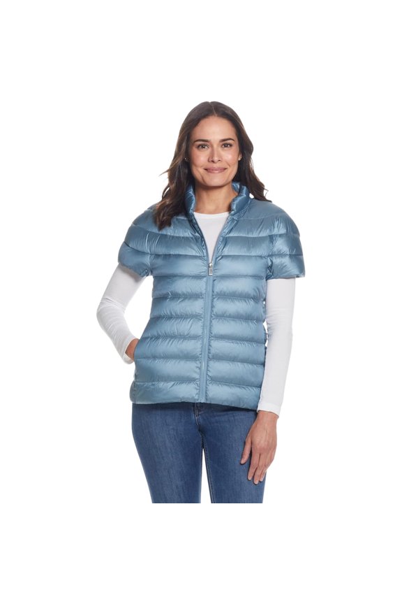 Women’s Quilted Down Puffer Vest, Lightweight Short Sleeve Jacket with Pockets, Warm Winter Coat, Cloud Sky, M