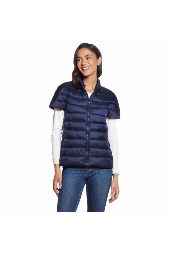 Women’s Quilted Down Puffer Vest, Lightweight Short Sleeve Jacket with Pockets, Warm Winter Coat, Navy, XS