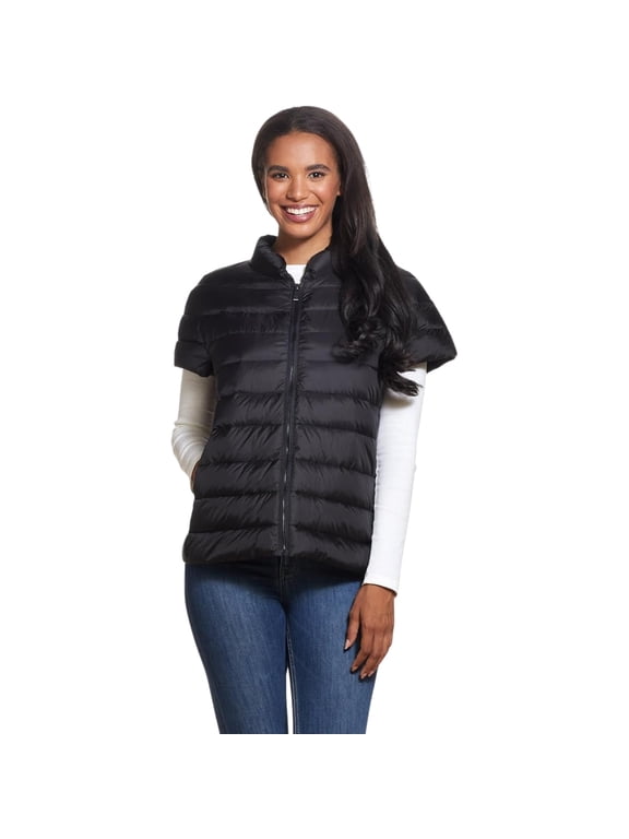 Women’s Quilted Down Puffer Vest, Lightweight Short Sleeve Jacket with Pockets, Warm Winter Coat, Black, XL