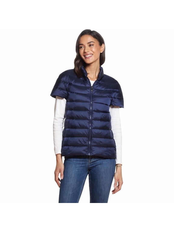 Women’s Quilted Down Puffer Vest, Lightweight Short Sleeve Jacket with Pockets, Warm Winter Coat, Navy, M