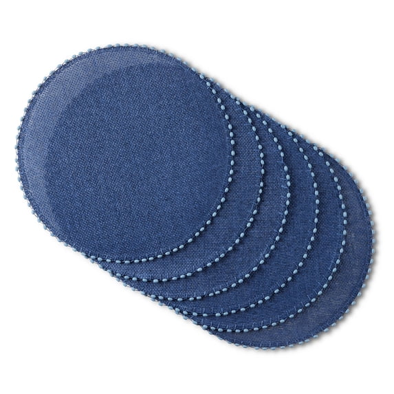 Martha Stewart Woven Water Resistant Lindos Fabric Placemat Set 6-Pack, 15" Round, Navy Blue