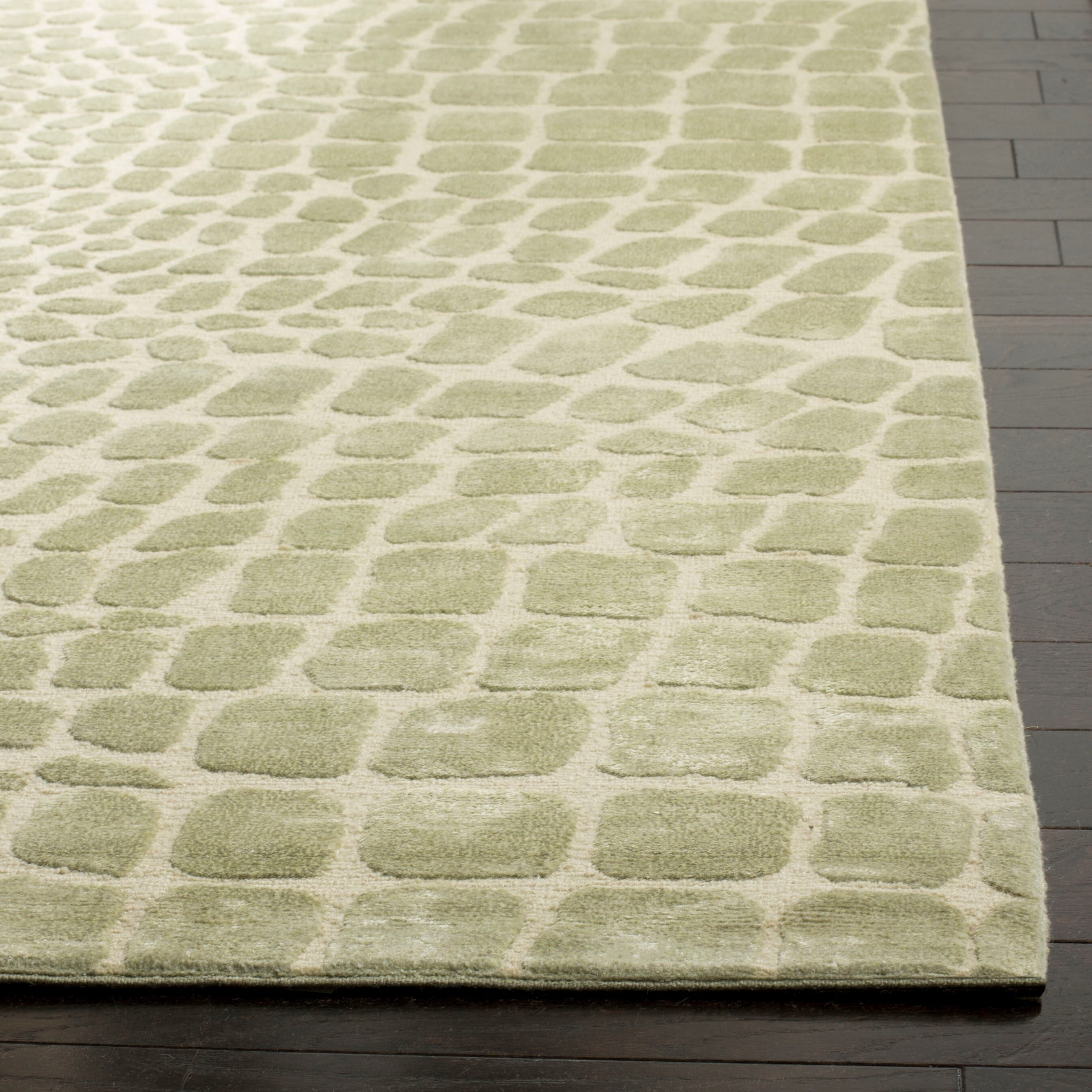 Hand-Knotted Hanging Moss Green Wool and Silk Area Rug