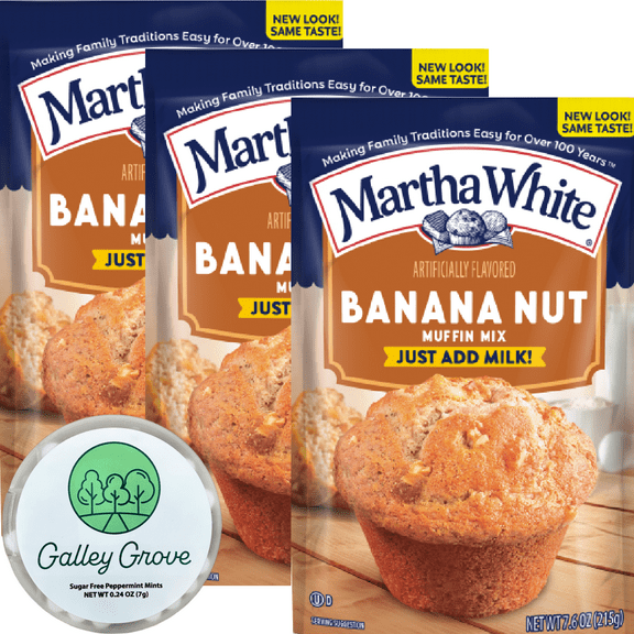 Martha White Banana Nut Muffin Mix (3-PACK) Bundle With Galley Grove Sugar Free Peppermint Breath Mints