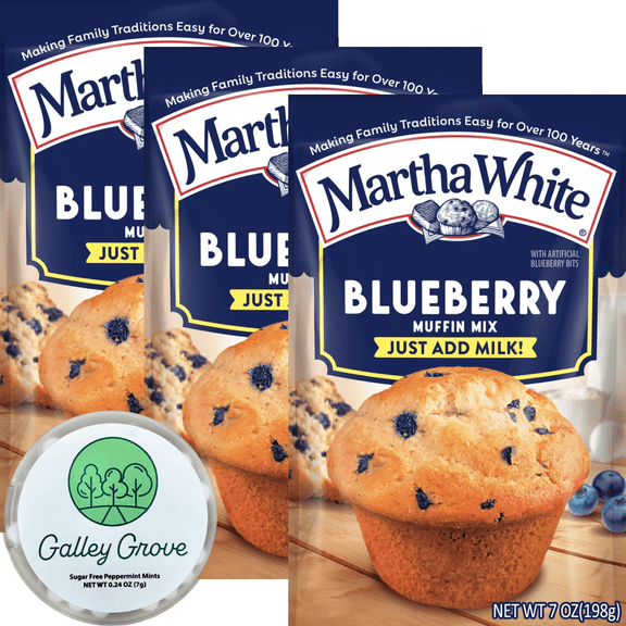 Martha White Blueberry Muffin Mix (3-PACK) Bundle with Galley Grove Sugar Free Peppermint Breath Mints