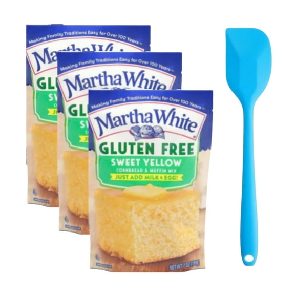Martha White Sweet Yellow Gluten Free Cornbread Mix, 7 Oz Pouch (3 Pack) and 8in Silicone Spatula (Color Varies)
