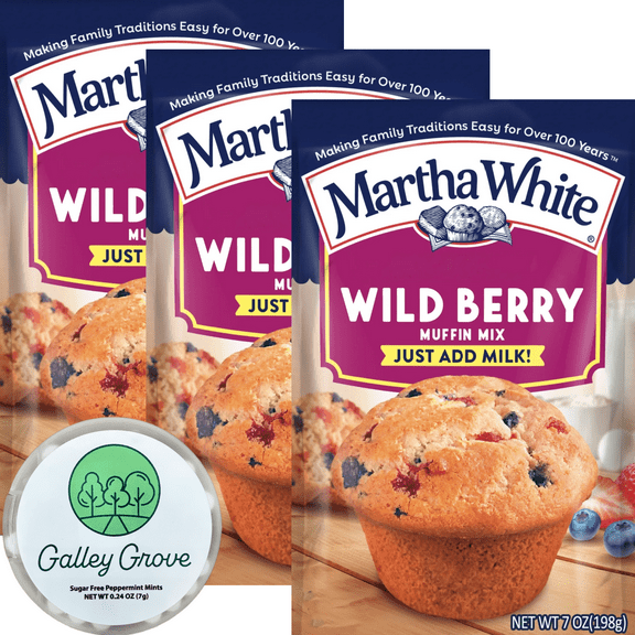 Martha White Wild Berry Muffin Mix (3-PACK) Bundle With Galley Grove Sugar Free Peppermint Breath Mints
