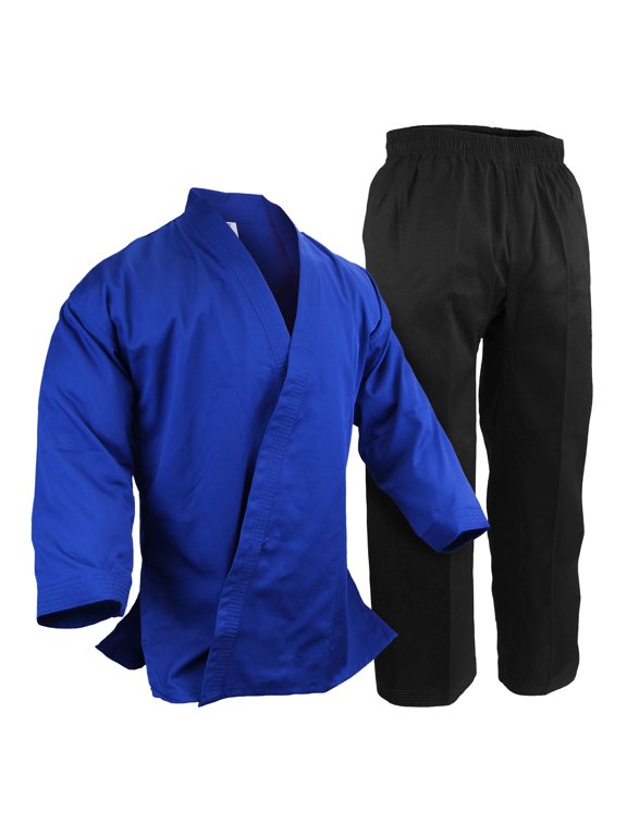 Martial Arts Karate Gi Blue Top with Black Pants Blue Kimono Uniform Gi Master's Team Instructor Set (#7)