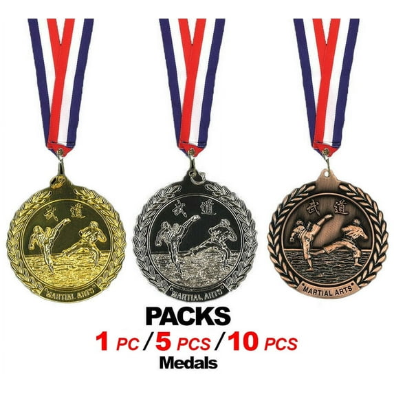 Martial Arts Medals, Karate Taekwondo Medal Tournament Awards Medals w/ Ribbons (Gold, 5 pcS)