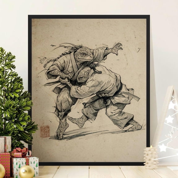 Martial Arts Turtle Sketch Print Vintage Dojo Wall Art Anthropomorphic Fighter Decor Home Decor Office Wall Art