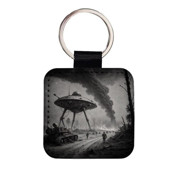 Martian Alien Invasion Tripod War Machine Retro Black and White Faux Leather Square Keychain