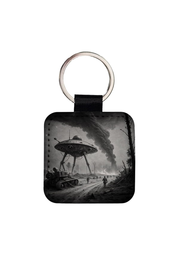 Martian Alien Invasion Tripod War Machine Retro Black and White Faux Leather Square Keychain