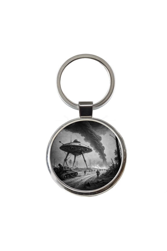 Martian Alien Invasion Tripod War Machine Retro Black and White Metal Round Keychain
