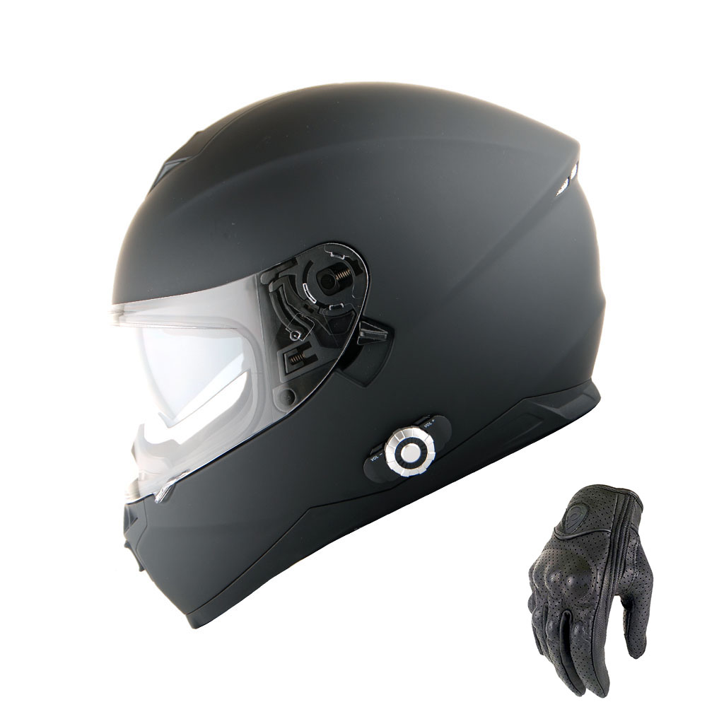 Martian Motorcycle Bluetooth Helmet Full Face Dual Visor Bluetooth Headset: HM_BFULLFACE Matt Black + Premium Leather Gloves