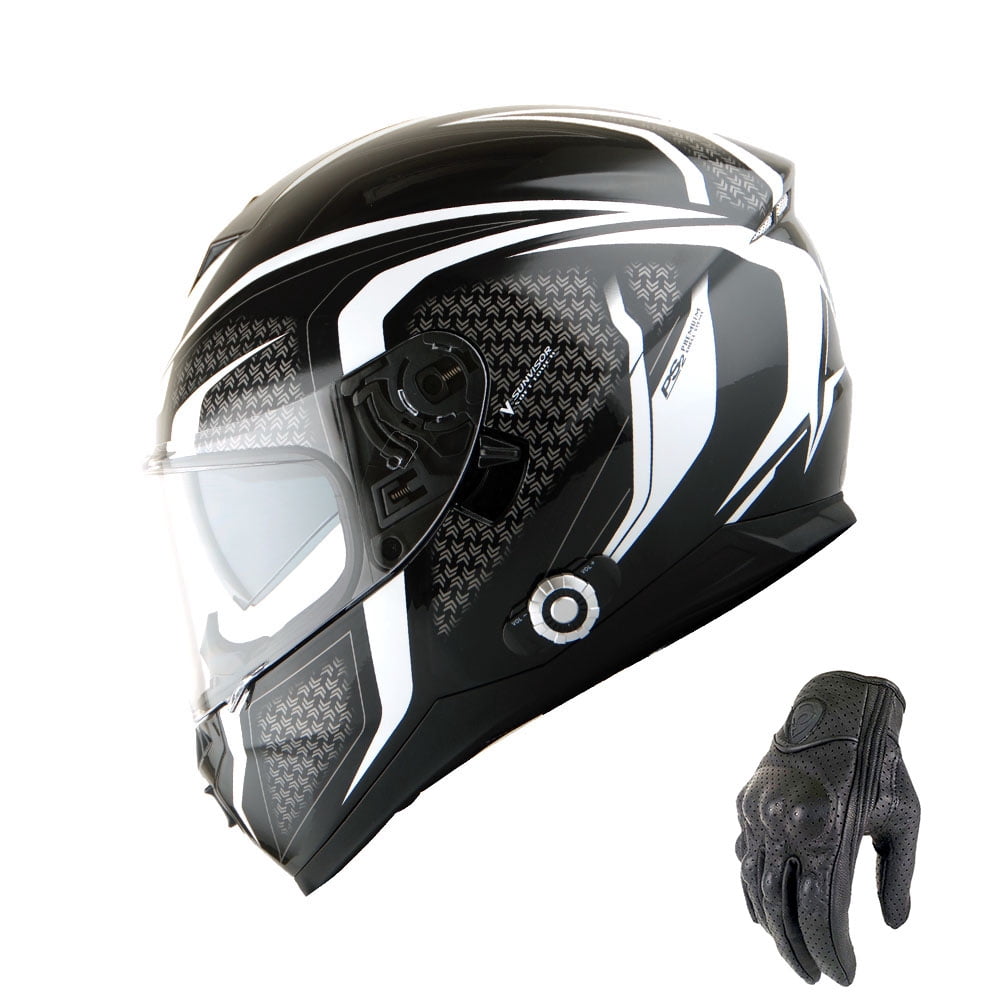 Martian Motorcycle Bluetooth Helmet Full Face Dual Visor Bluetooth Headset: HM_BFULLFACE White Black + Premium Leather Gloves