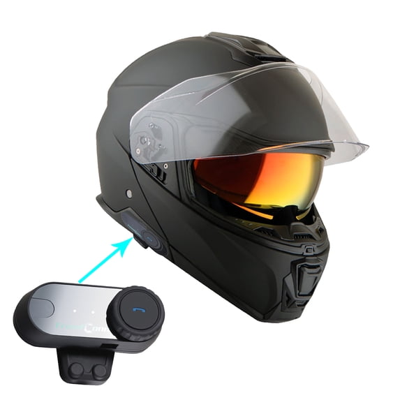 Martian Motorcycle Modular Full Face Helmet Flip up Dual Visor Sun Shield + Motorcycle Bluetooth Headset: HG362 Matt Black