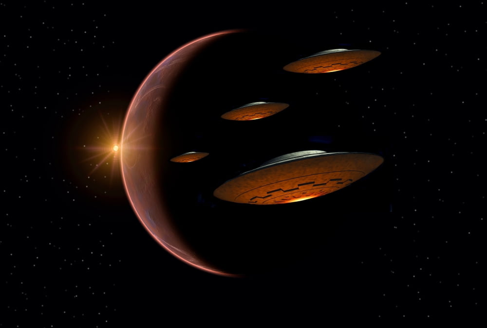 Martians evacuating their homeworld Mars in flying saucers Canvas Art - Mark StevensonStocktrek Images (35 x 24)