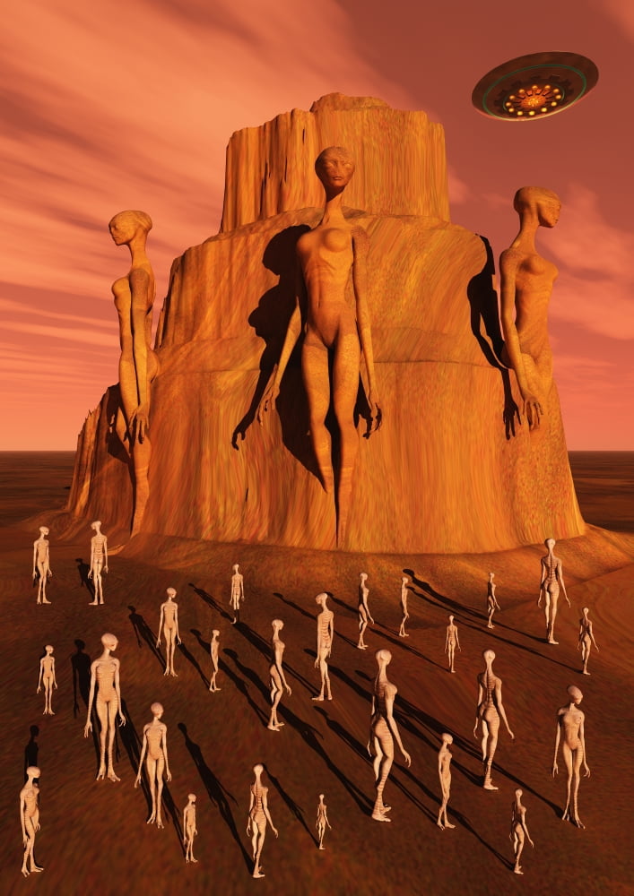 Martians gathering around a monument dedicated to their ancestors Canvas Art - Mark StevensonStocktrek Images (24 x 34)