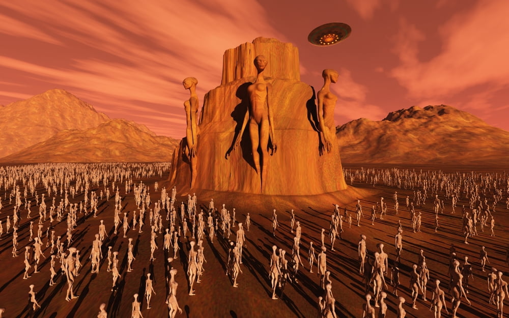 Martians gathering around a monument dedicated to their ancestors Canvas Art - Mark StevensonStocktrek Images (36 x 23)
