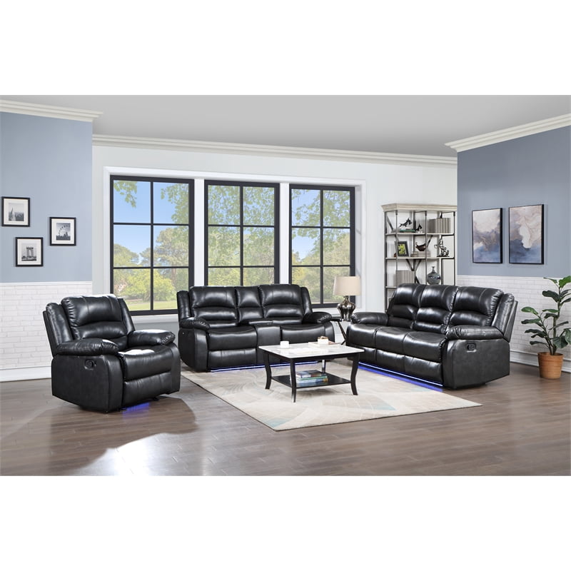 Martin 3 Pc Manual Reclining Sofa set finished with Faux Leather/ Wood