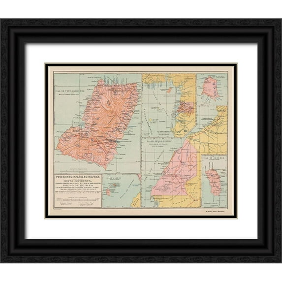 Martin 31x26 Black Ornate Wood Framed with Double Matting Museum Art Print Titled - Spanish Possessions in Africa - Martin 1903