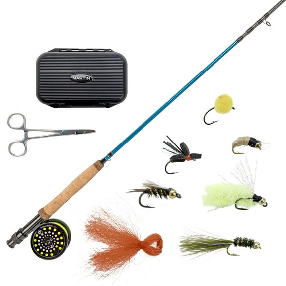 Martin Blue Chip 56R All-Day Trout Fly Reel and Fishing Rod Combo Kit, 9-Foot 4-Piece Rod, 4-Weight, Aluminum Fly Reel, Weight-Forward Fly Line, Fly Assortment, Semi-Rigid Carrying Case, Blue/Black