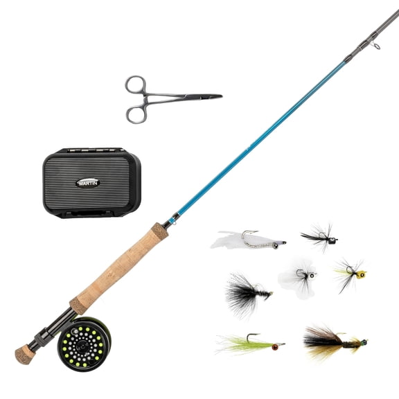 Martin Blue Chip 56R Streamer/Popper Fly Reel and Fishing Rod Combo Kit, 9-Foot, 4-Inch 4-Piece Rod, 5-Weight, Aluminum Reel, Weight-Forward Line, Fly Assortment, Semi-Rigid Carrying Case, Blue/Black