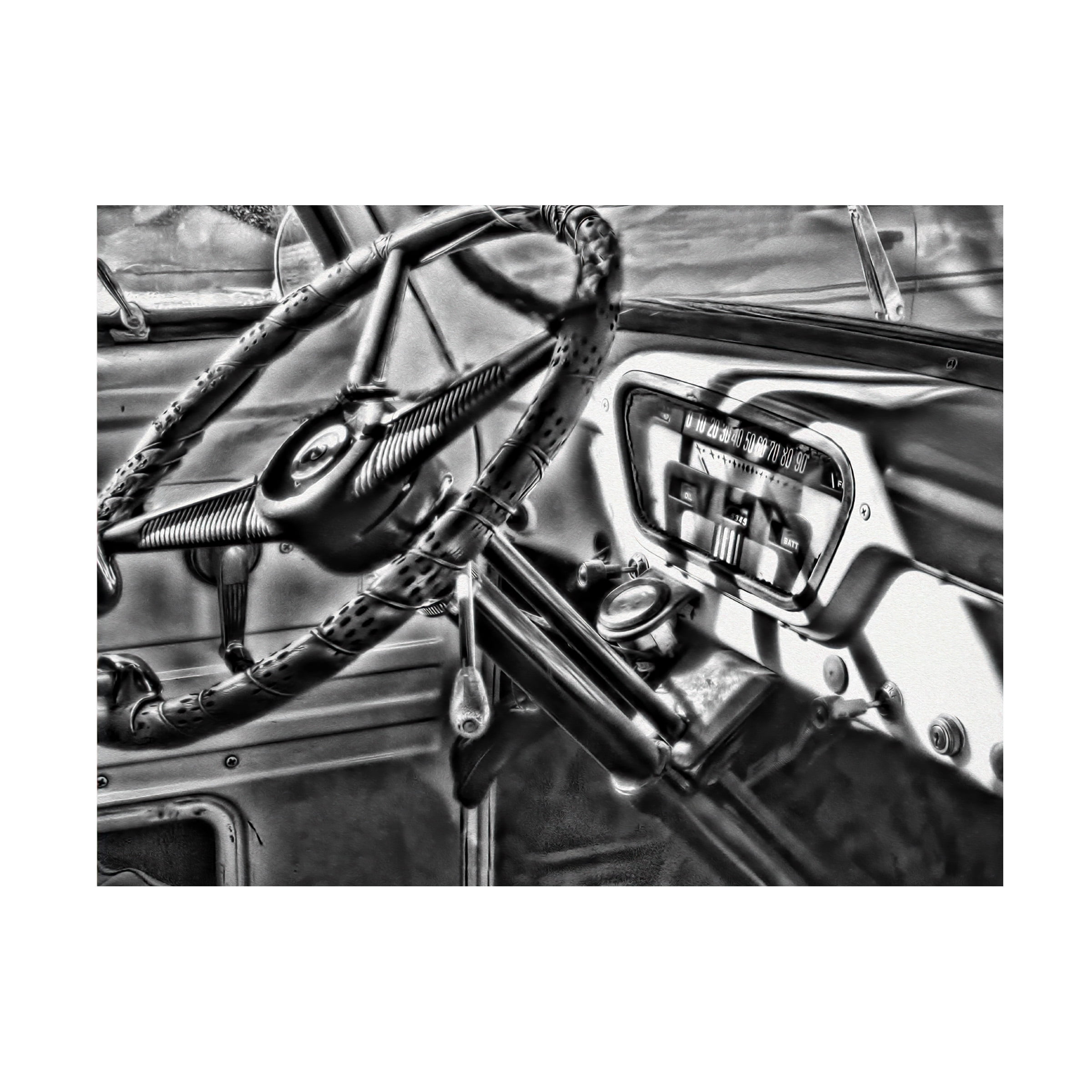 Vintage Car Steering Wheel Black and White Canvas Print, 19" x 14"