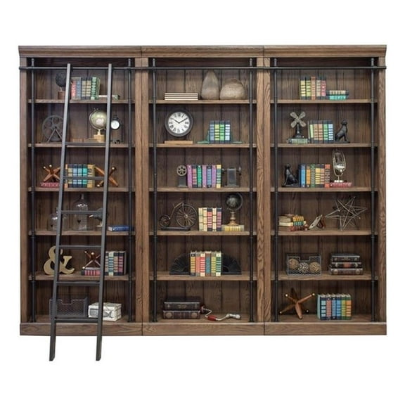 Martin Furniture 120" Traditional Wood Bookcase Wall with Ladder in Brown