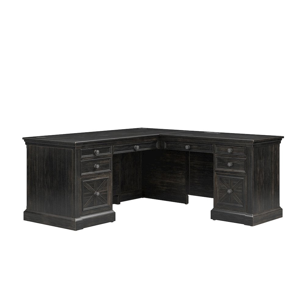 Traditional Dark Brown Wood L-Shaped Corner Desk with Power Outlet