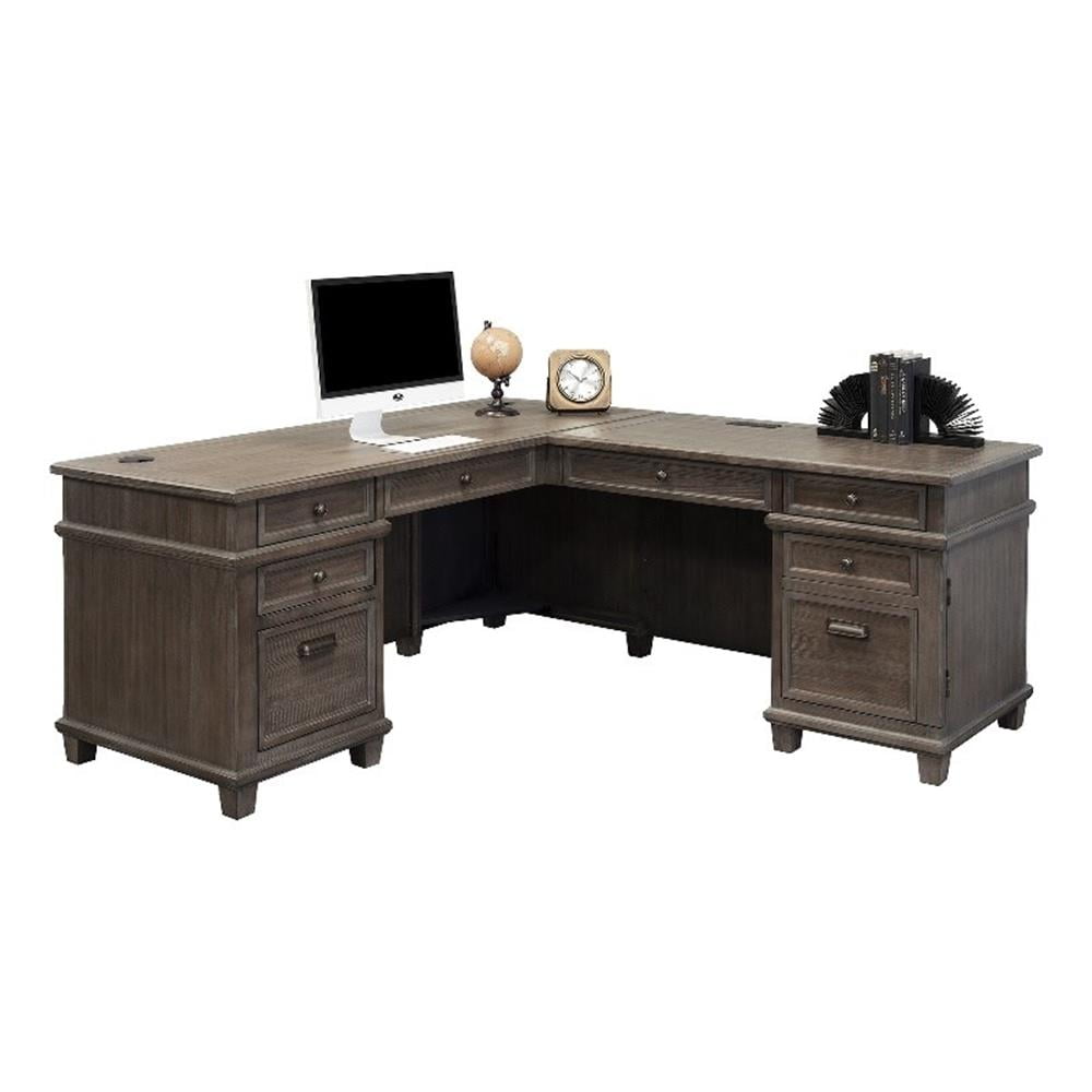 Gray Wood L-Shaped Corner Desk with Drawer and Power Outlet