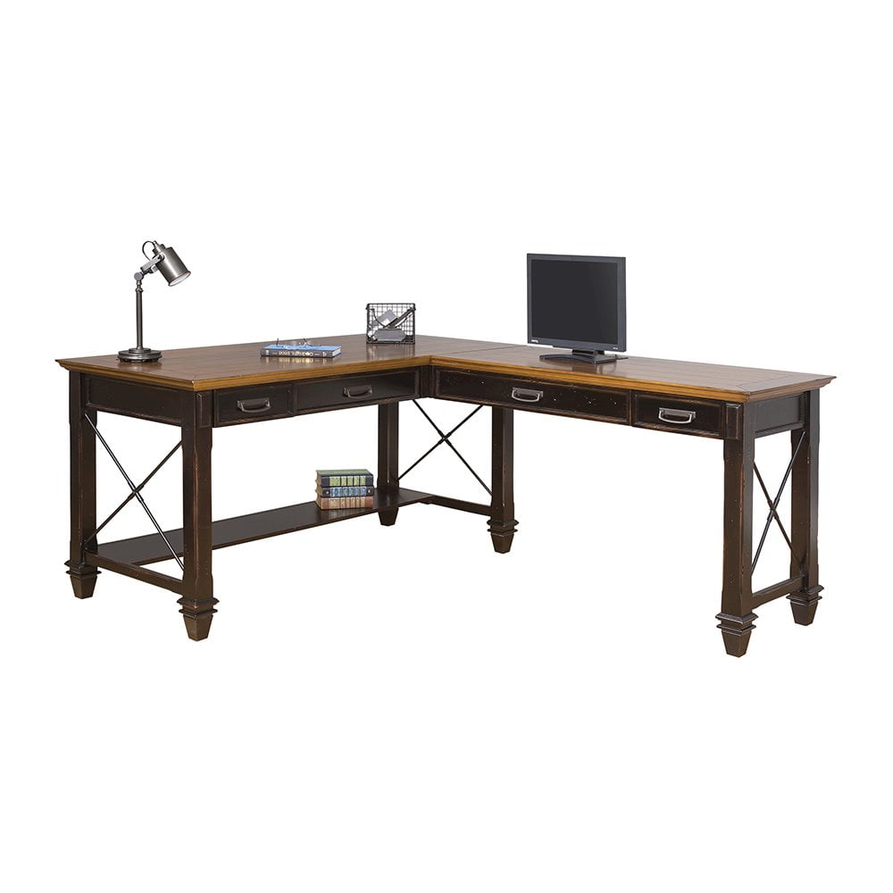 Traditional Corner Computer Desk in Black with Keyboard Tray and Power Outlets