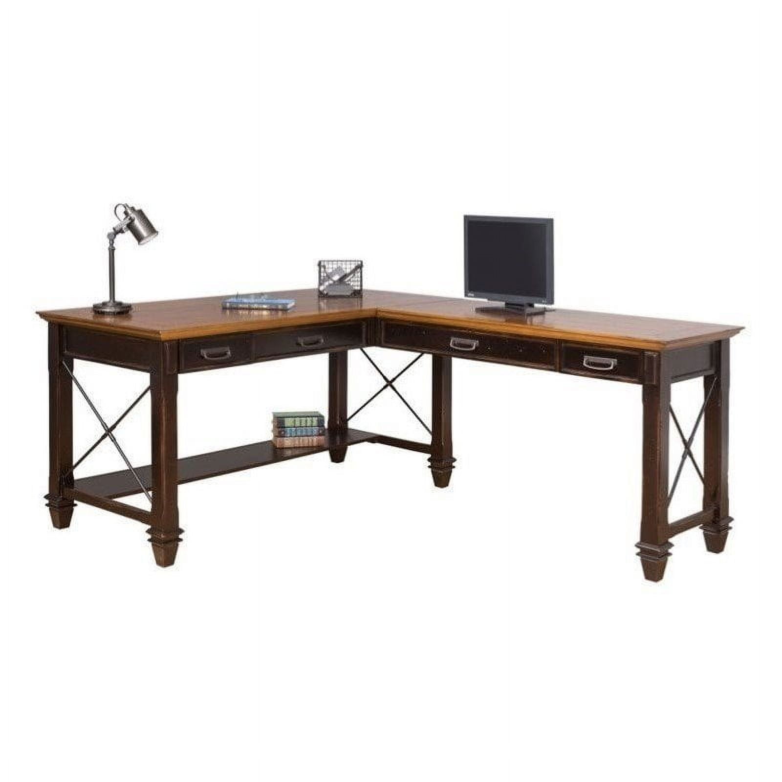 Traditional Corner Computer Desk in Black with Keyboard Tray and Power Outlets