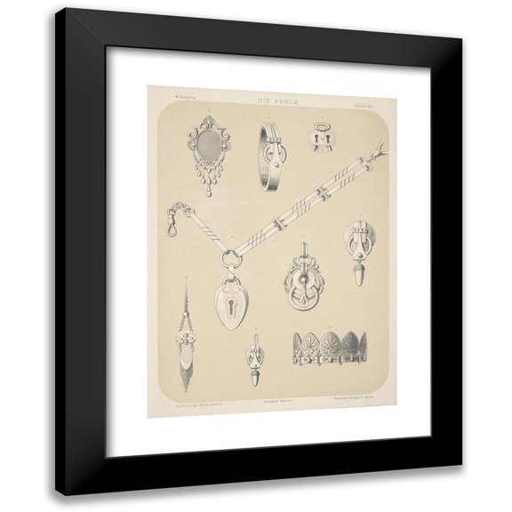 Martin Gerlach 11x14 Black Modern Framed Museum Art Print Titled - Ii Jahrgang (Liefr. IIi) Bl. 9. (Nine Designs for Jewelry, Including Necklace with Pendant in Shape of Lock.) (1872 - 1873)