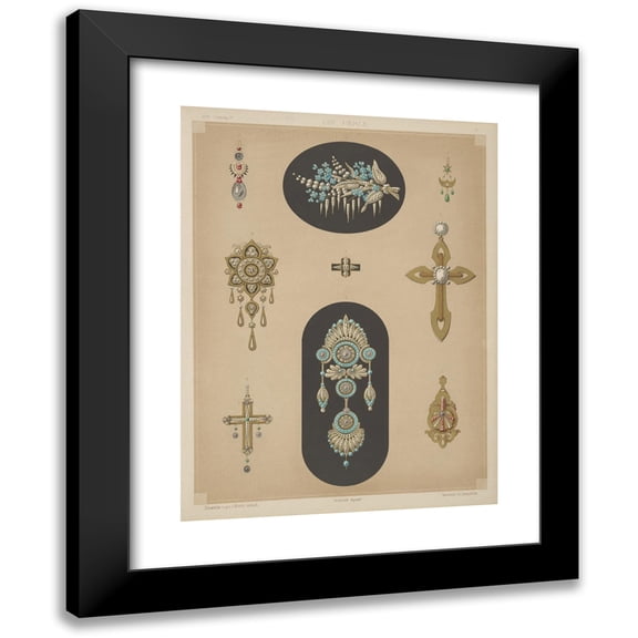 Martin Gerlach 12x14 Black Modern Framed Museum Art Print Titled - Nine Designs for Jewelry, Including Two Large Pins with Blue Stones and Diamonds. (1872 - 1873)
