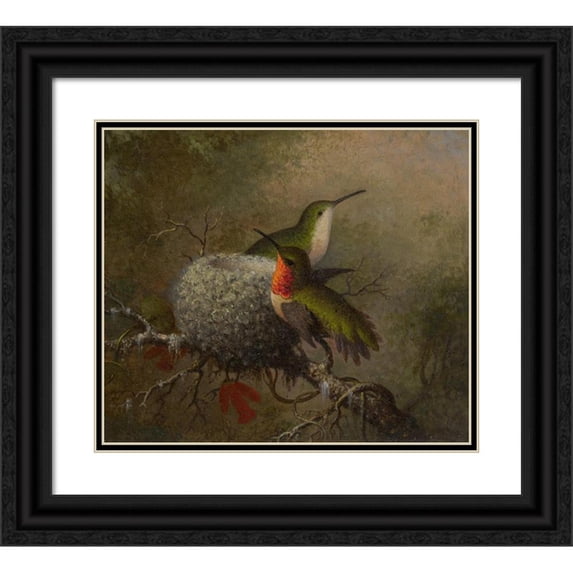 Martin Johnson Heade 17x15 Black Ornate Wood Framed Double Matted Museum Art Print Titled - Two Ruby Throats by Their Nest (1862-63)