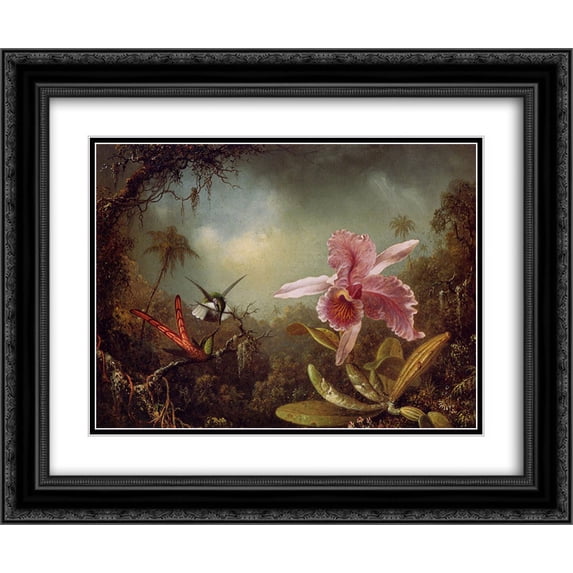 Martin Johnson Heade 2x Matted 24x20 Black Ornate Framed Art Print 'Orchid with Two Hummingbirds'