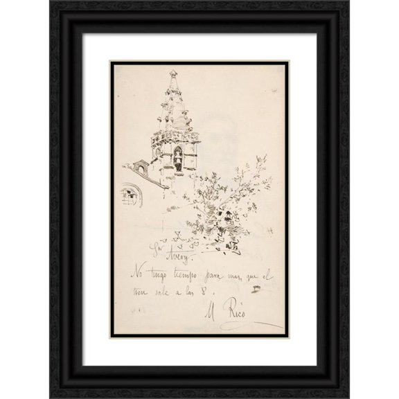 Martin Rico y Ortega 11x14 Black Ornate Wood Framed Double Matted Museum Art Print Titled: Church Tower with Inscription in Spanish to Avery (1833-1908)